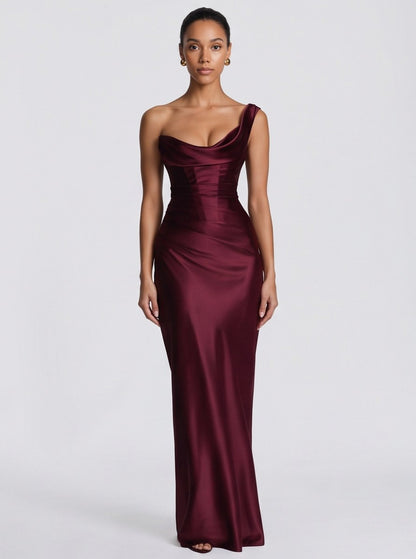 Satin One Shoulder Cowl Maxi Dress