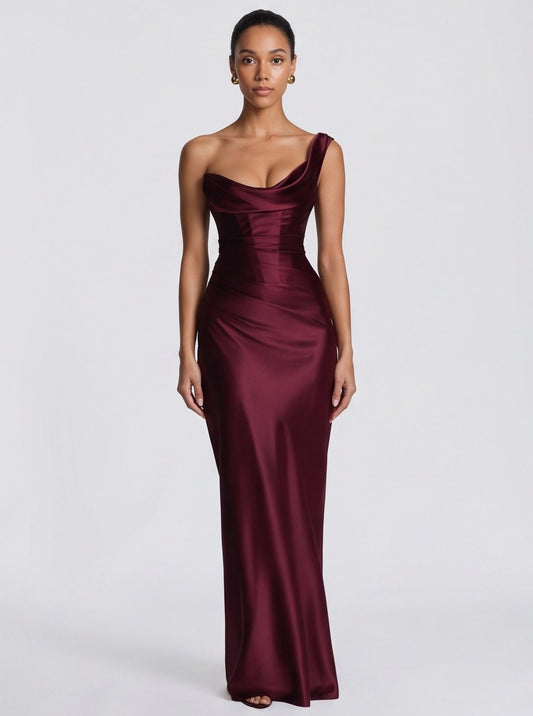 Satin One Shoulder Cowl Maxi Dress