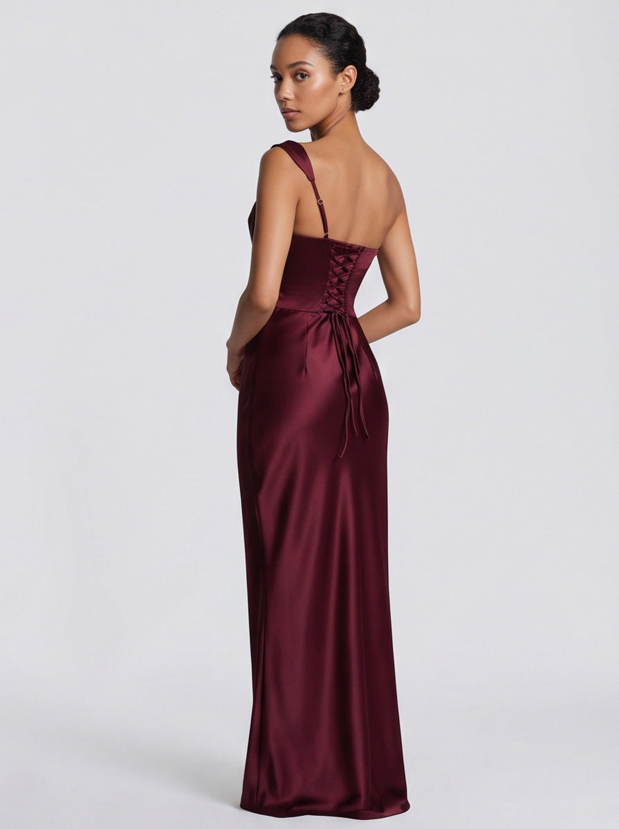 Satin One Shoulder Cowl Maxi Dress