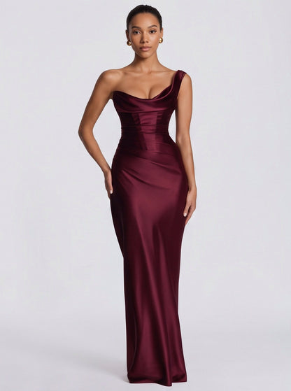 Satin One Shoulder Cowl Maxi Dress