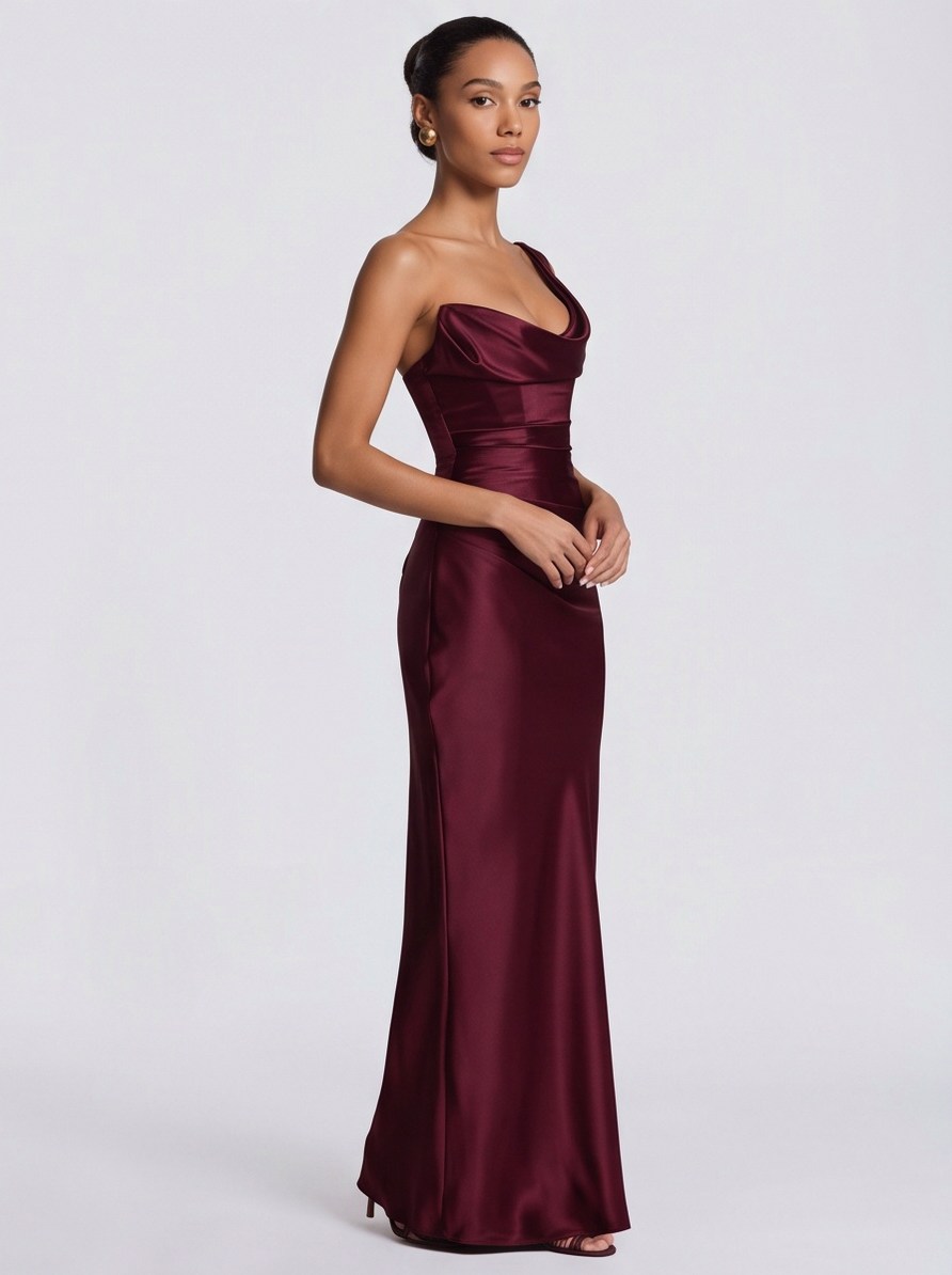 Satin One Shoulder Cowl Maxi Dress