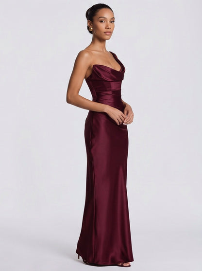 Satin One Shoulder Cowl Maxi Dress