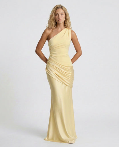 Satin One Shoulder Draped Column Maxi Dress