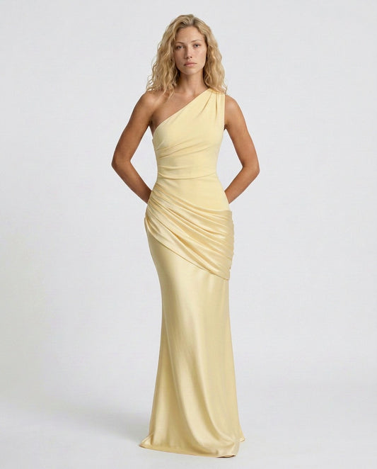 Satin One Shoulder Draped Column Maxi Dress