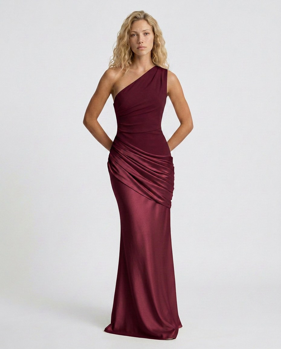 Satin One Shoulder Draped Column Maxi Dress