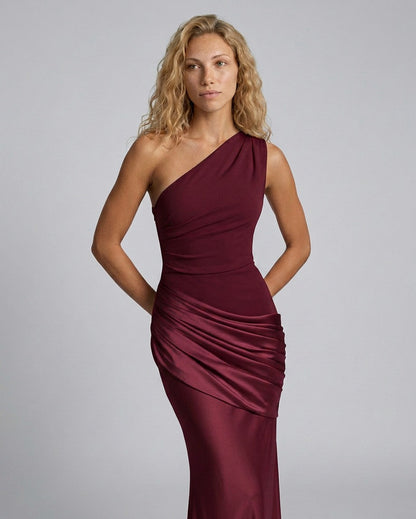 Satin One Shoulder Draped Column Maxi Dress
