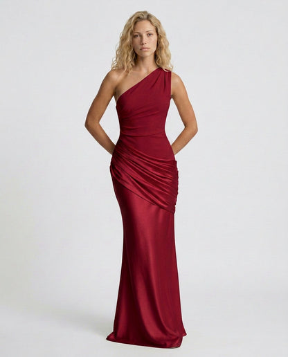 Satin One Shoulder Draped Column Maxi Dress