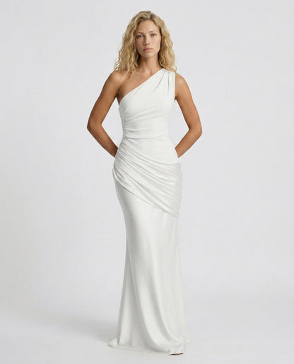 Satin One Shoulder Draped Column Maxi Dress