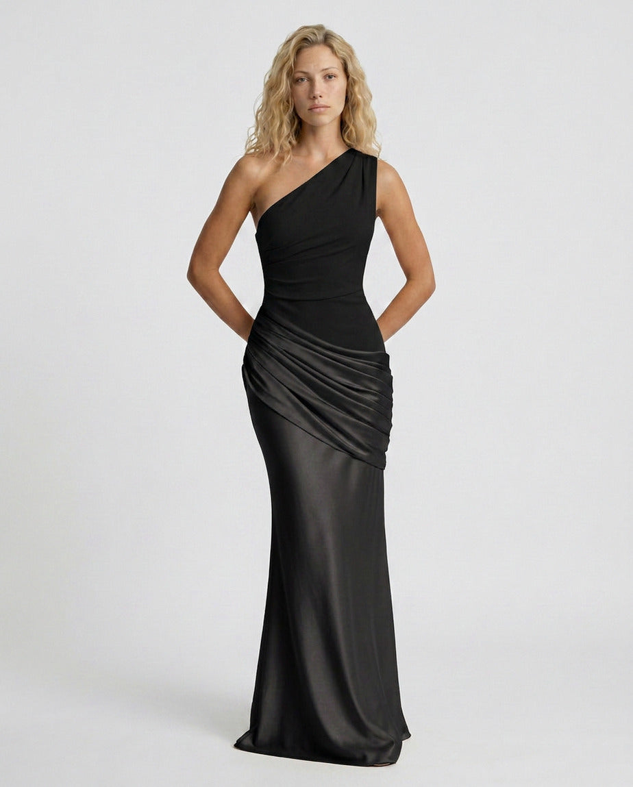 Satin One Shoulder Draped Column Maxi Dress