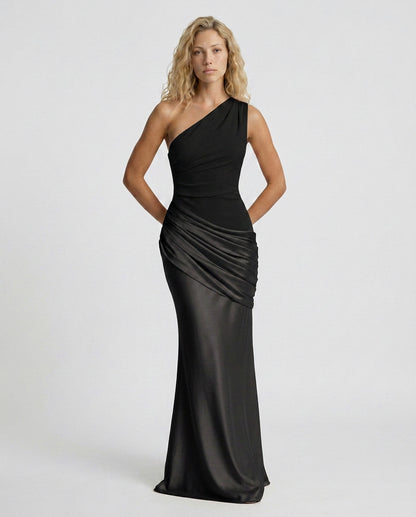 Satin One Shoulder Draped Column Maxi Dress