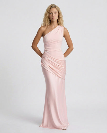 Satin One Shoulder Draped Column Maxi Dress