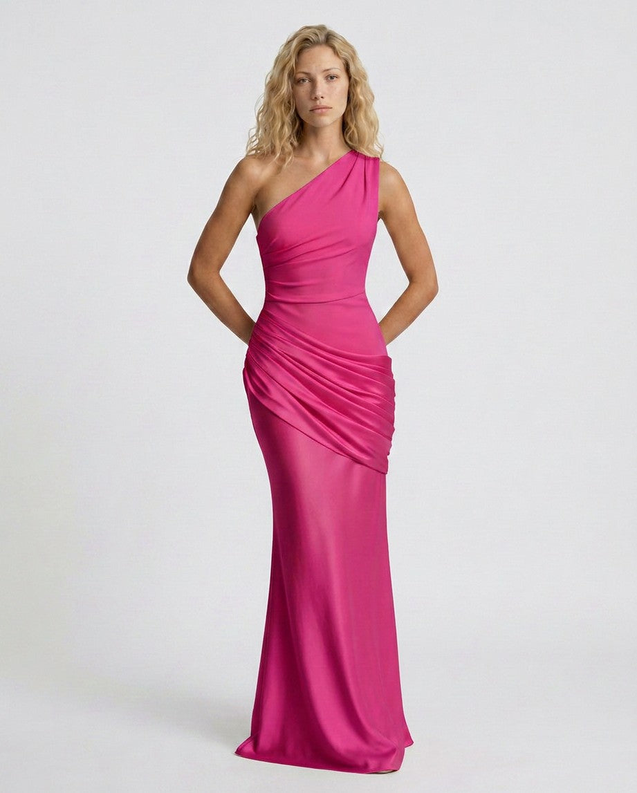 Satin One Shoulder Draped Column Maxi Dress
