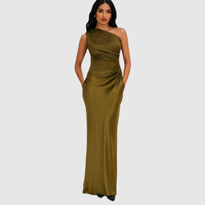 Satin One Shoulder Fishtail Maxi Dress