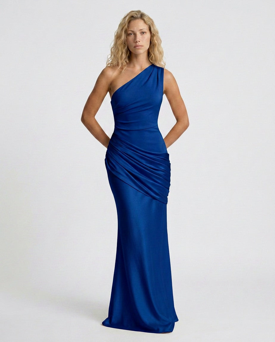 Satin One Shoulder Draped Column Maxi Dress