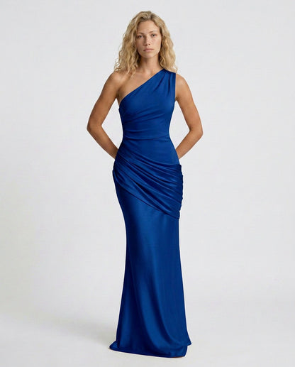 Satin One Shoulder Draped Column Maxi Dress