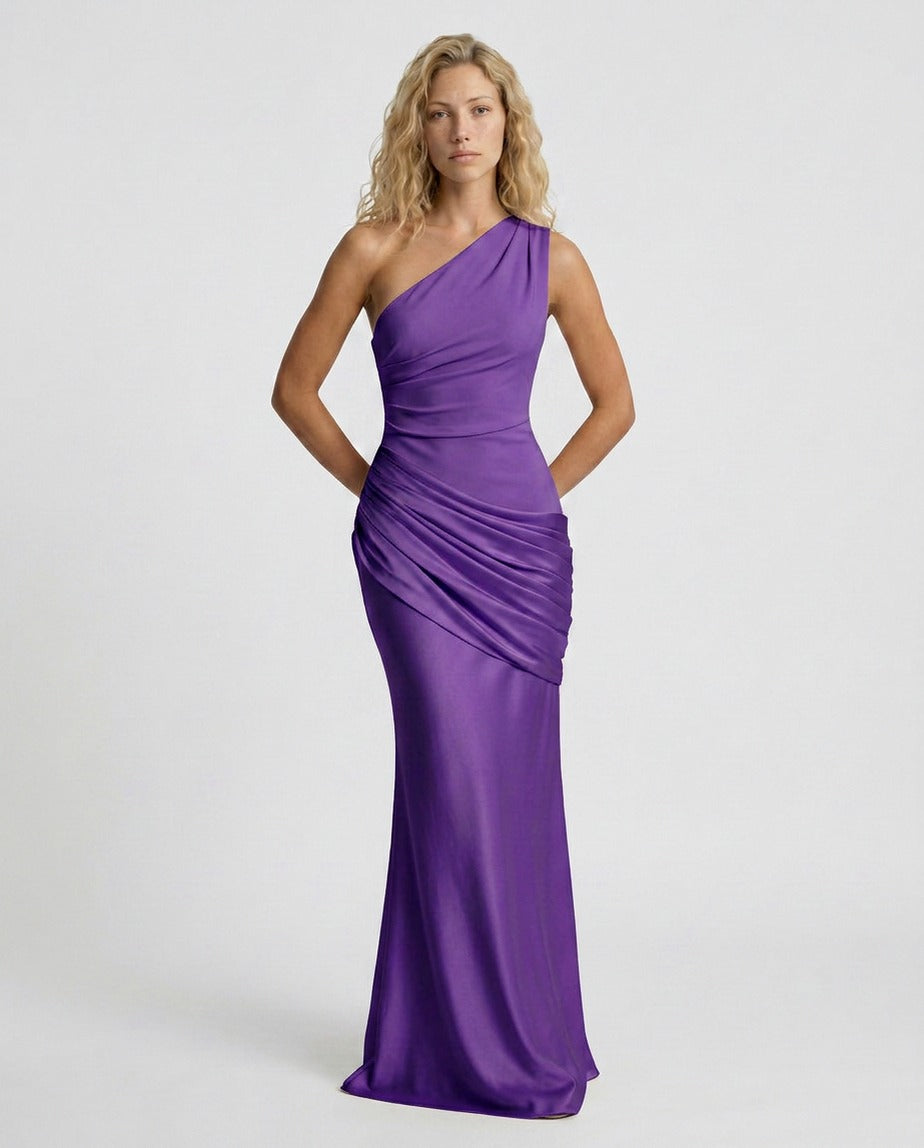 Satin One Shoulder Draped Column Maxi Dress