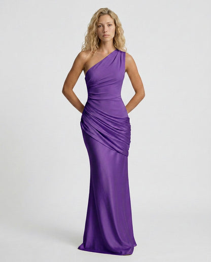 Satin One Shoulder Draped Column Maxi Dress
