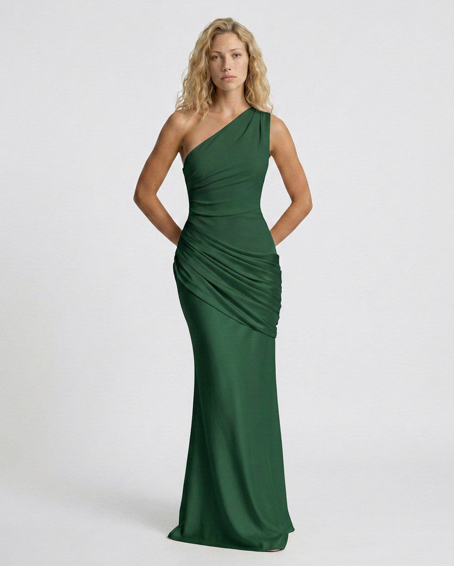 Satin One Shoulder Draped Column Maxi Dress