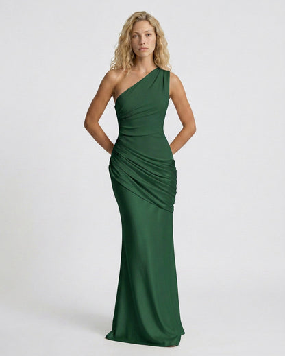 Satin One Shoulder Draped Column Maxi Dress