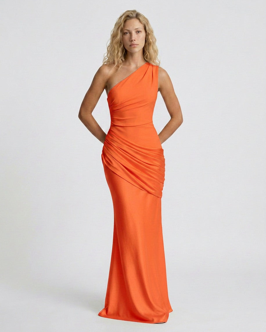 Satin One Shoulder Draped Column Maxi Dress