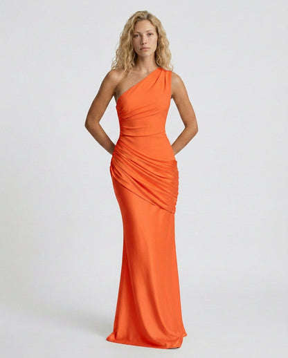 Satin One Shoulder Draped Column Maxi Dress
