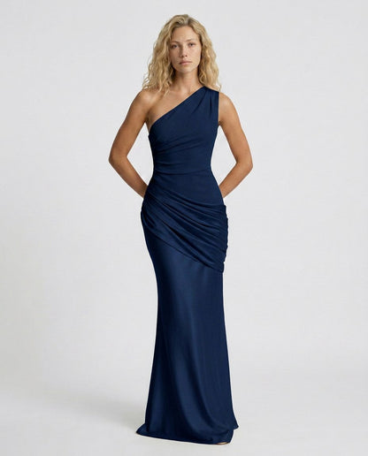 Satin One Shoulder Draped Column Maxi Dress