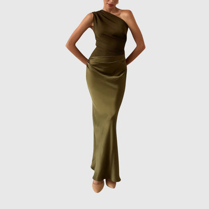 Satin One Shoulder Fishtail Maxi Dress