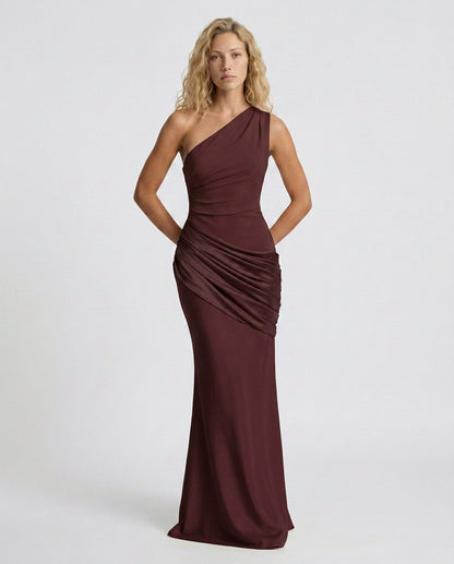 Satin One Shoulder Draped Column Maxi Dress