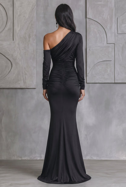 Satin Long Sleeve One Shoulder Ruched Maxi Dress