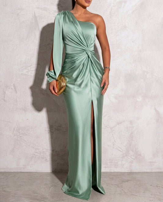 Satin One Shoulder Slit Maxi Dress