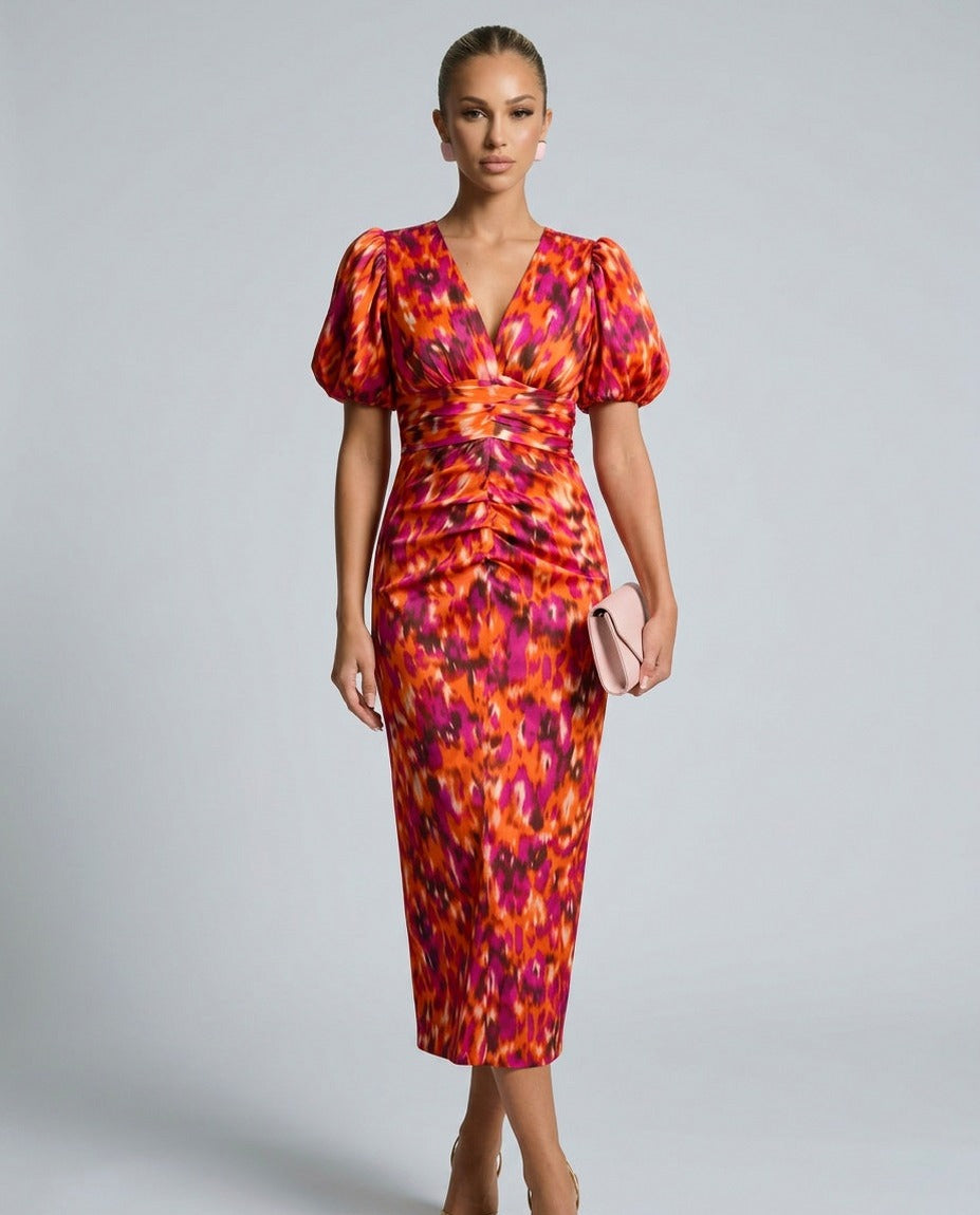 Satin Puff Sleeve Ruched Midi Dress