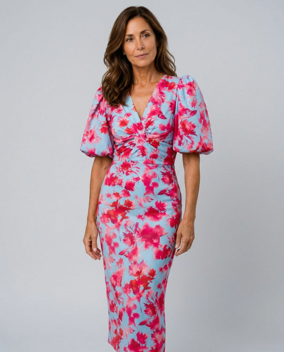 Satin Puff Sleeve Ruched Midi Dress