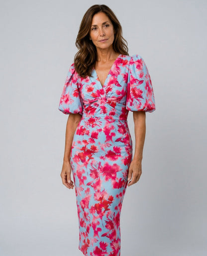 Satin Puff Sleeve Ruched Midi Dress