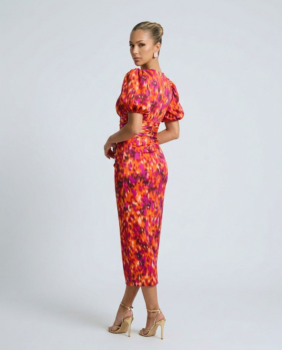 Satin Puff Sleeve Ruched Midi Dress