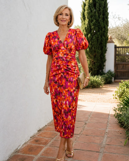 Satin Puff Sleeve Ruched Midi Dress