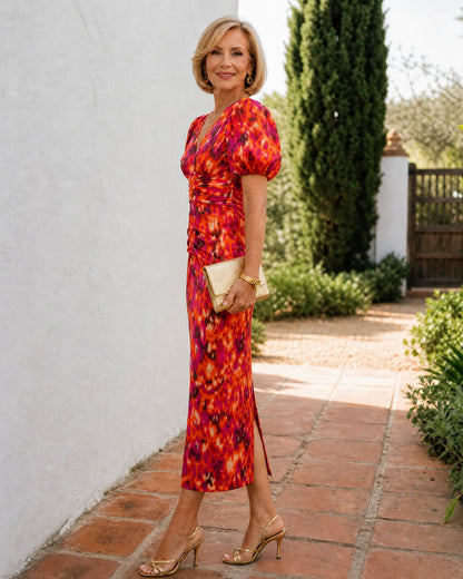Satin Puff Sleeve Ruched Midi Dress