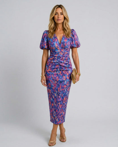 Satin Puff Sleeve Ruched Midi Dress