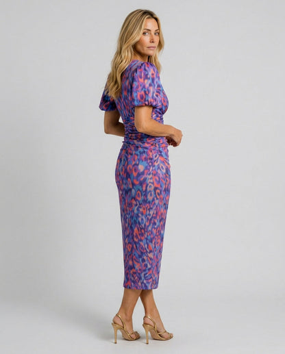 Satin Puff Sleeve Ruched Midi Dress