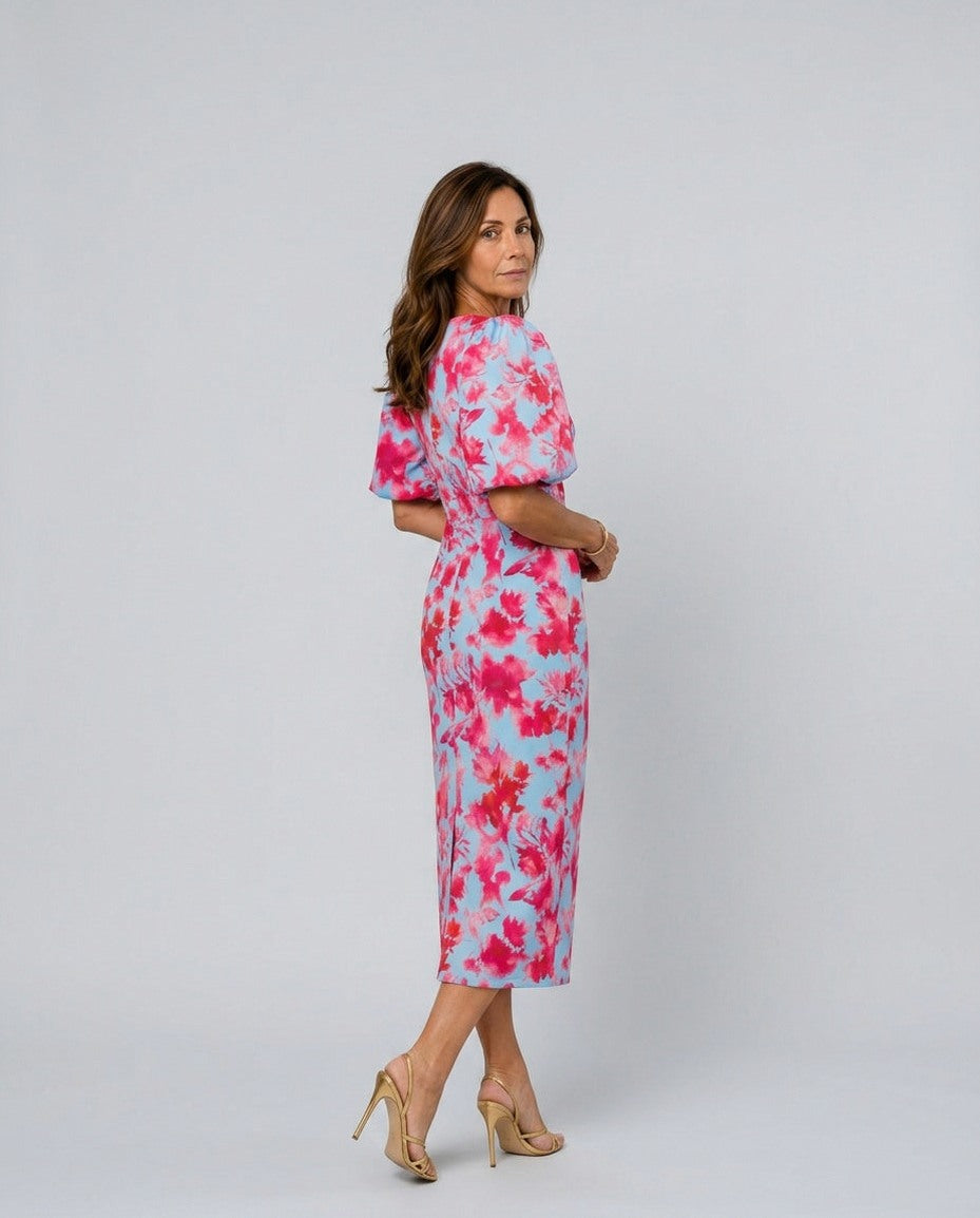 Satin Puff Sleeve Ruched Midi Dress