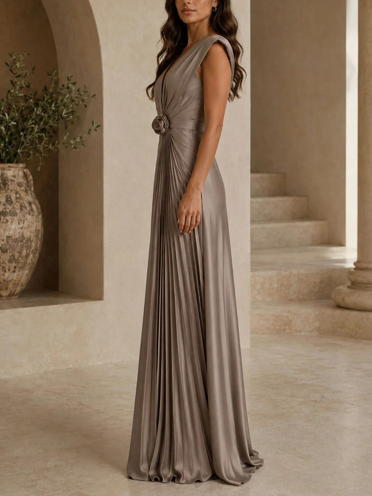 Satin Cap Sleeve Rosette Plisse Maxi Dress