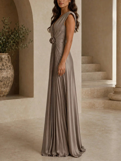 Satin Cap Sleeve Rosette Plisse Maxi Dress