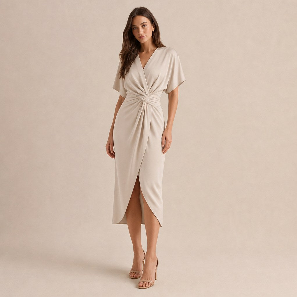 Satin Twist Front Midi Dress