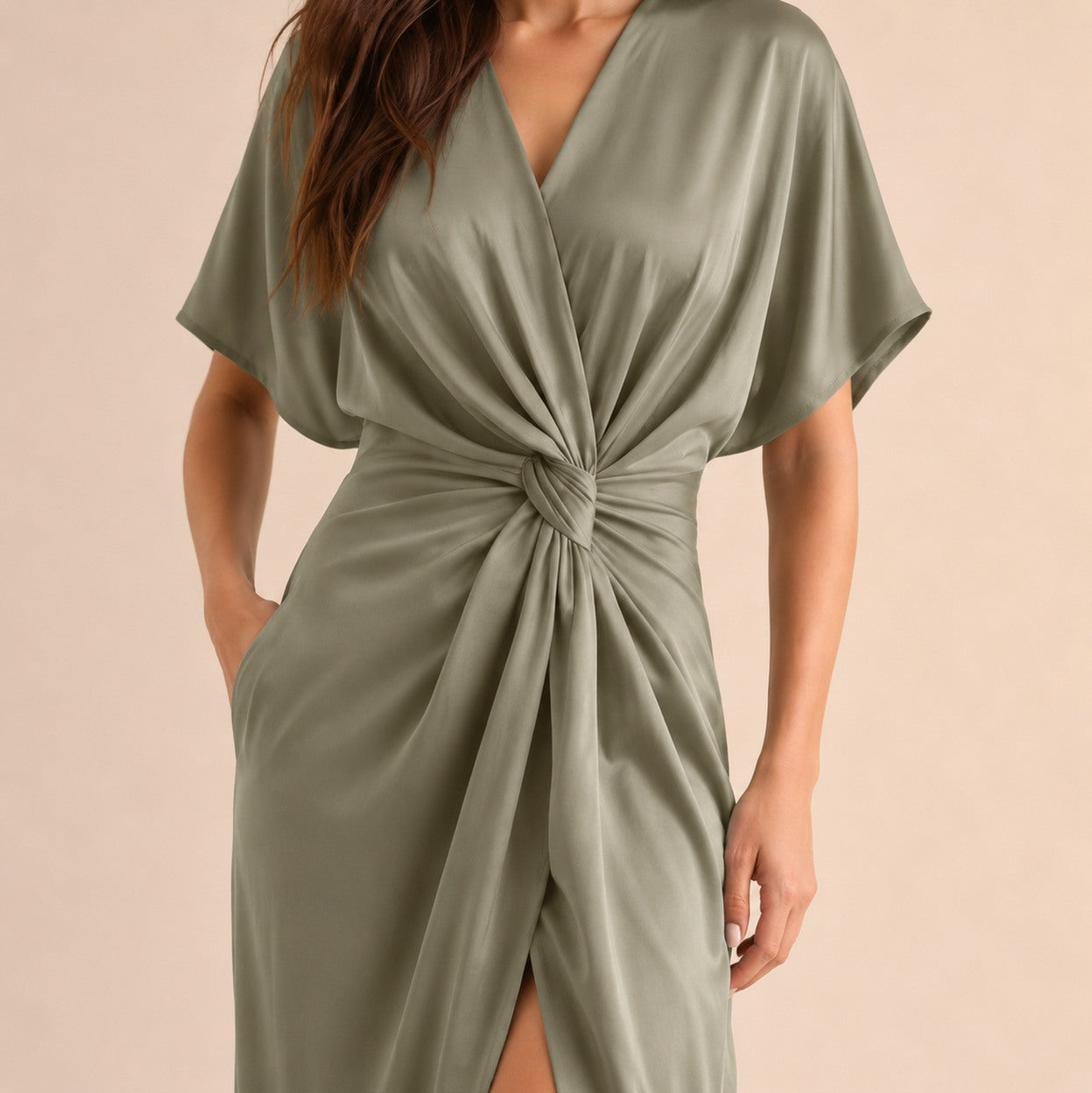 Satin Twist Front Midi Dress