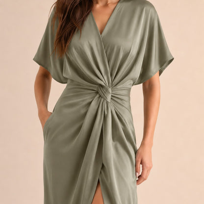 Satin Twist Front Midi Dress