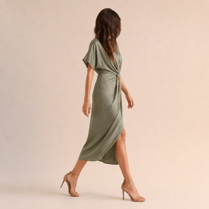 Satin Twist Front Midi Dress
