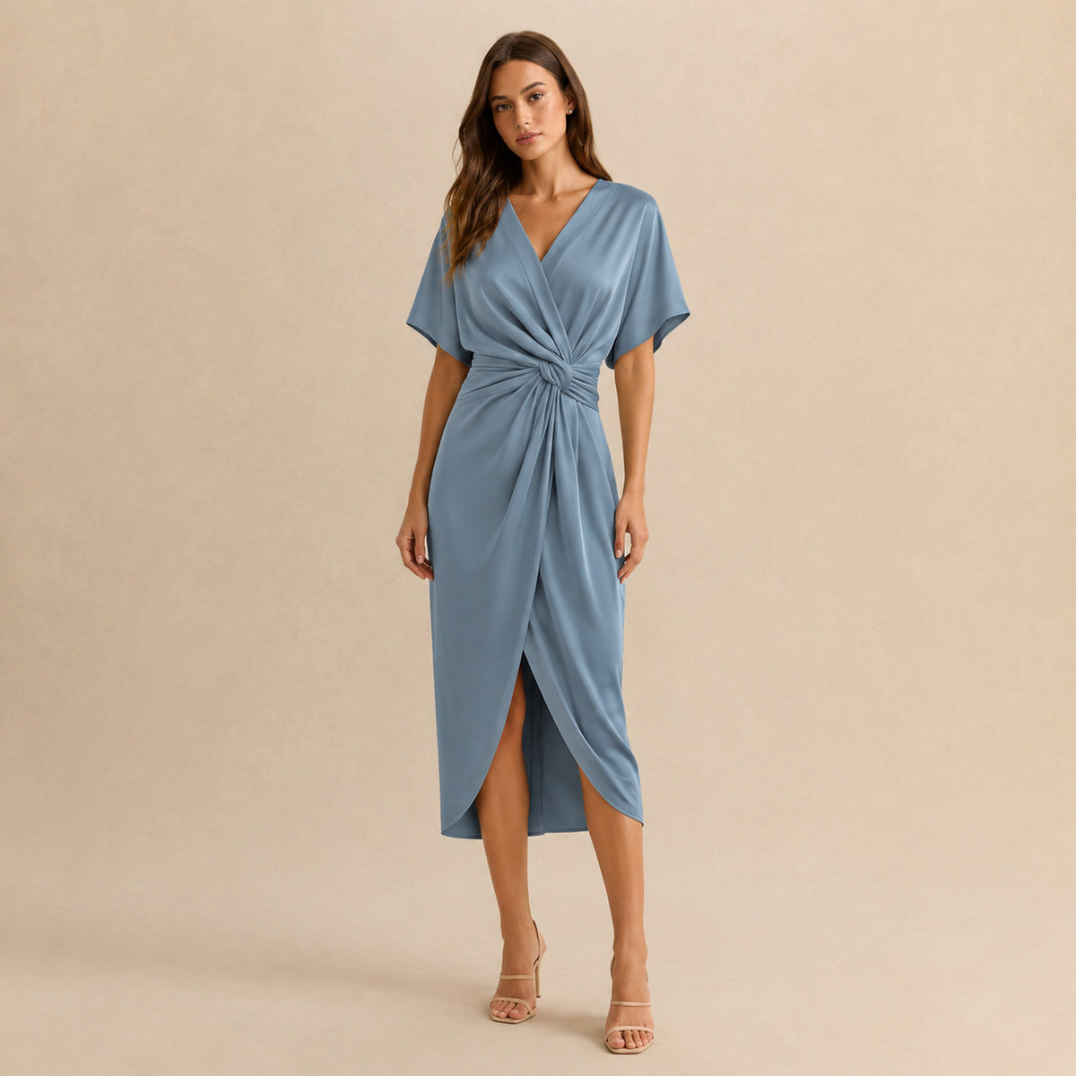 Satin Twist Front Midi Dress