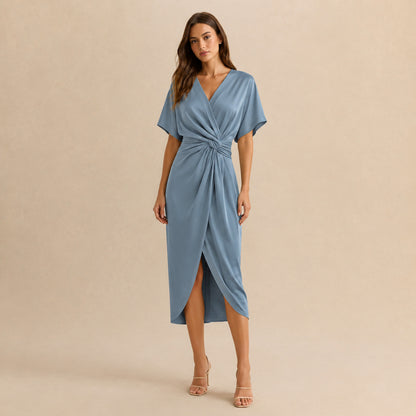 Satin Twist Front Midi Dress