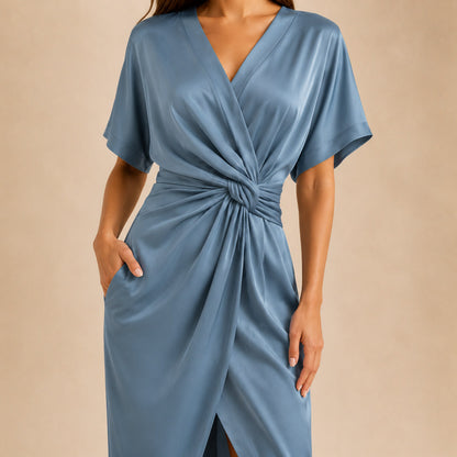 Satin Twist Front Midi Dress