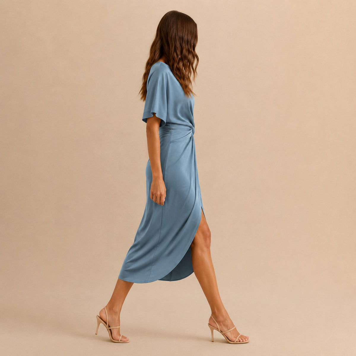 Satin Twist Front Midi Dress