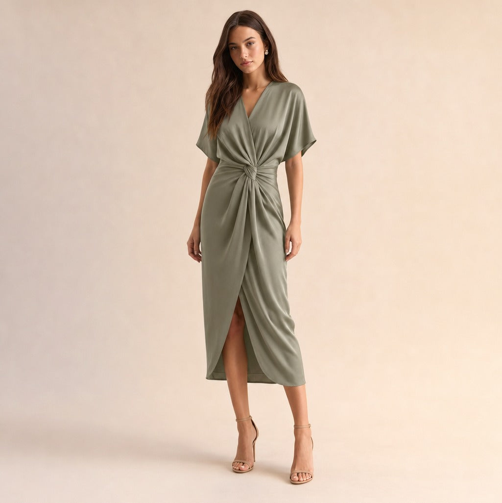 Satin Twist Front Midi Dress